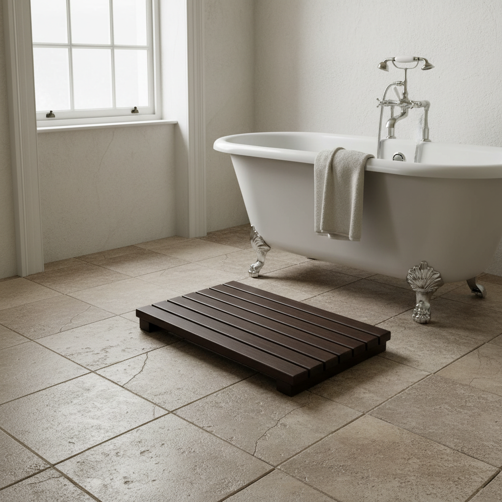 Mat on stone tiles beside tub